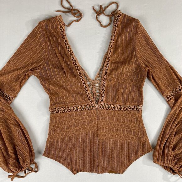 Selfie Leslie Plunging Neckline (Altered) Bodysuit Top Women’s LG Brown Festival - Picture 6 of 16